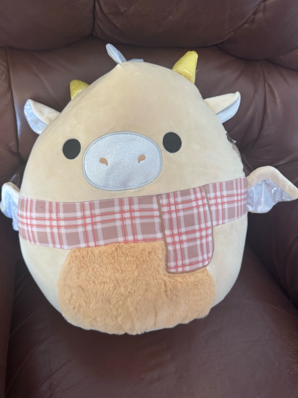 Squishmallow alPlush Cow Dragon Pillow Toy in Cream & Peach with Plaid Scarf